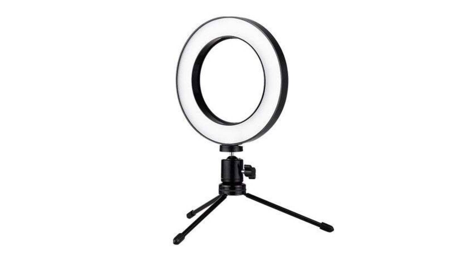Ring light mounted on a compact tripod stand