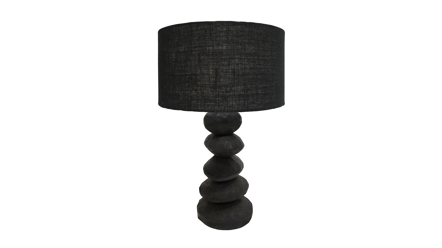 Modern black table lamp with a stacked sphere base and a matching black cylindrical shade
