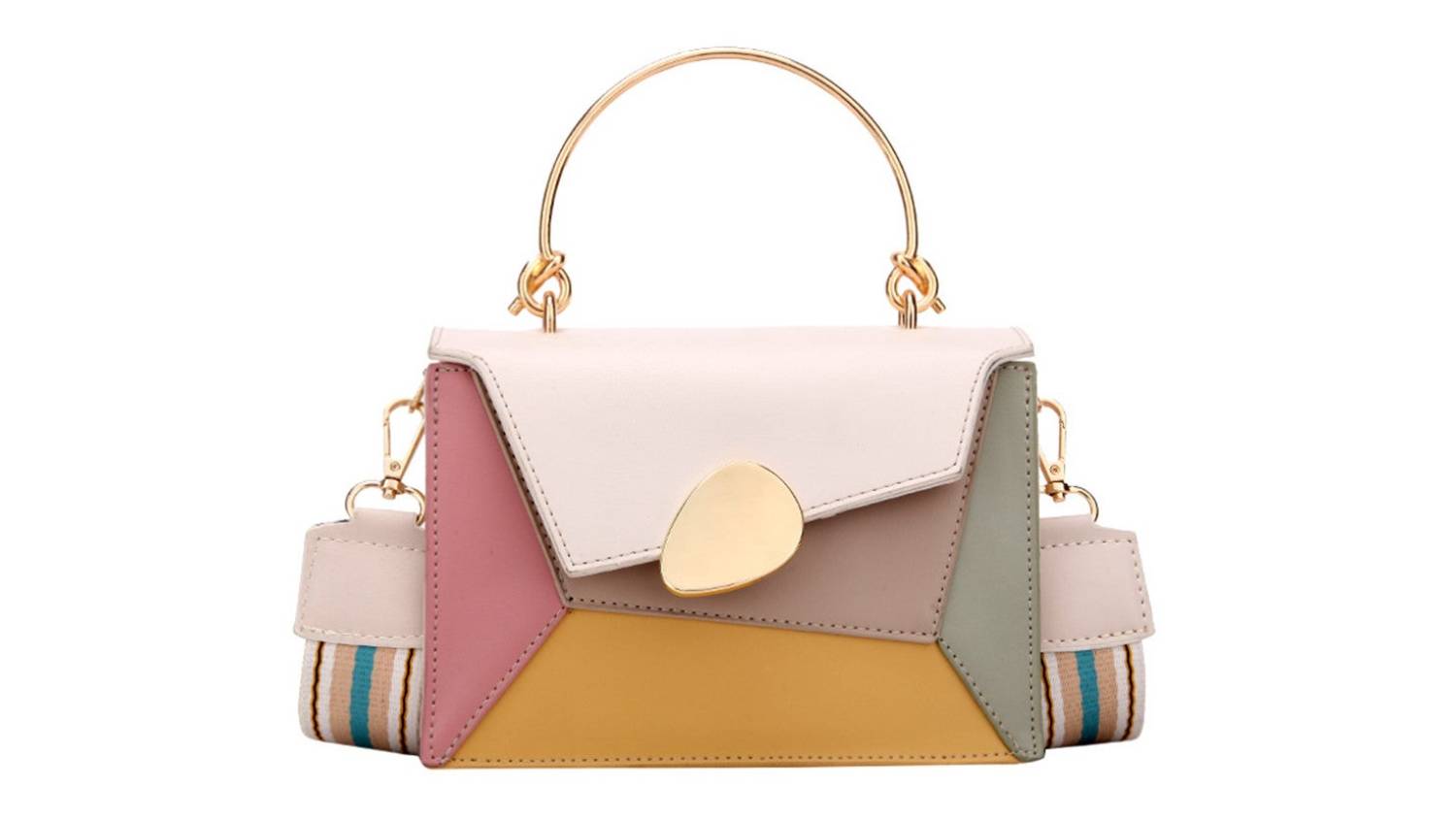 A geometric handbag in pastel pink, white, mustard yellow, green, and beige colours