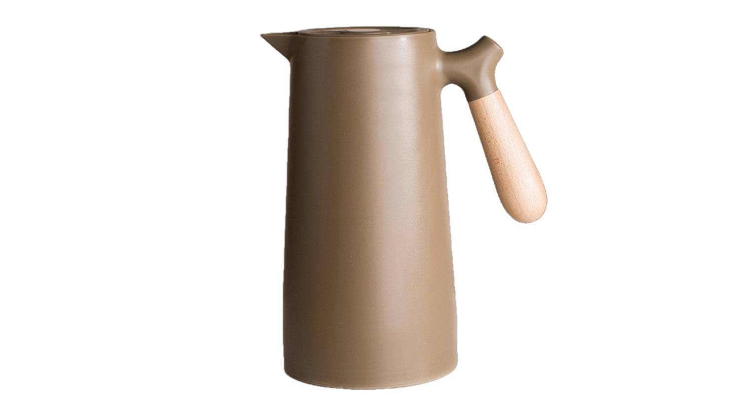 Brown thermos with a wooden handle and spout, designed for easy pouring