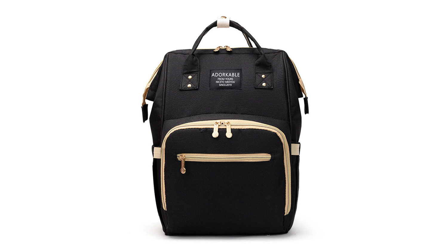 HOD Polyester Nappy Bag in black with beige zippers and top handles
