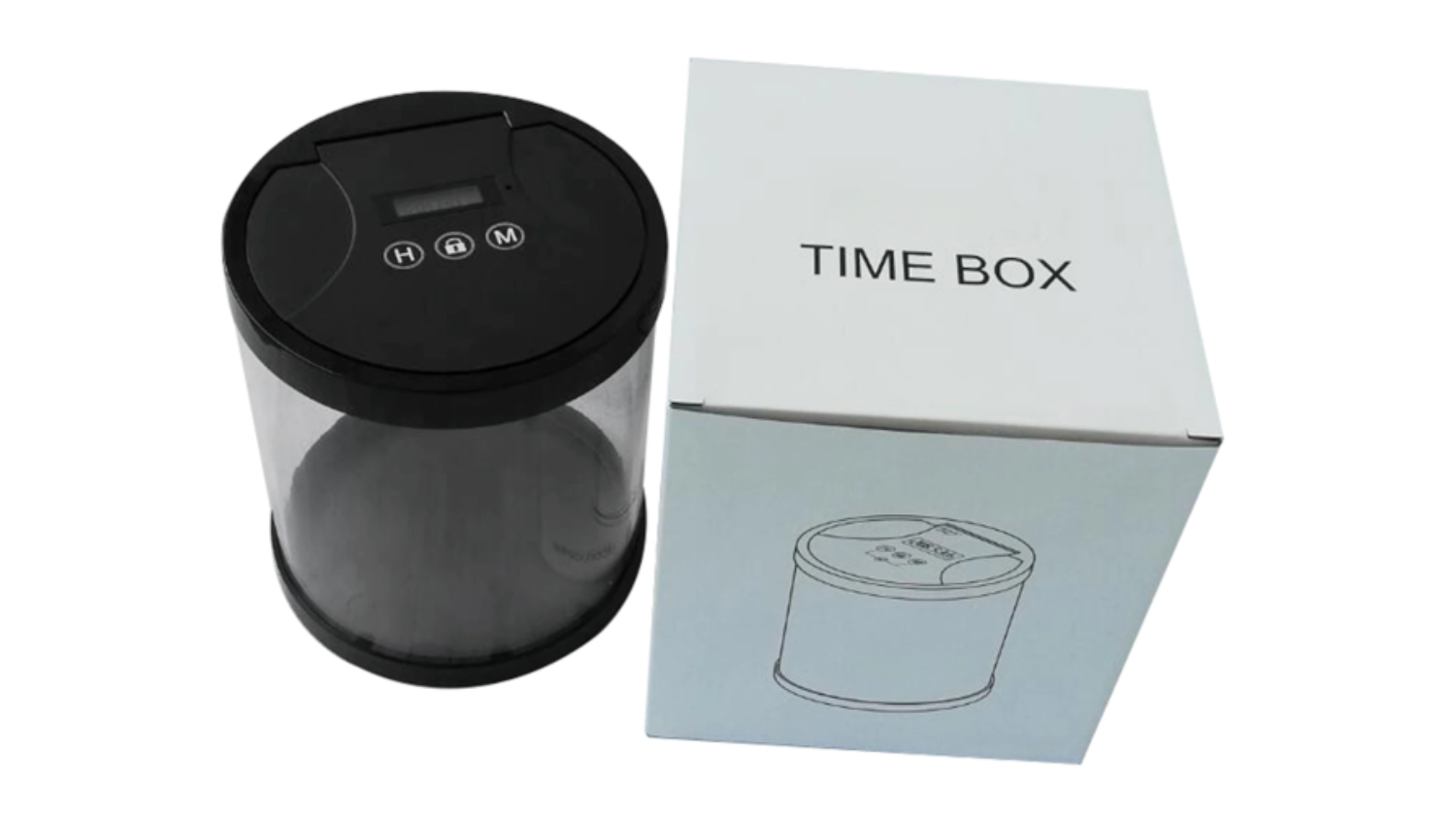 Black electronic time-lock box with its packaging 