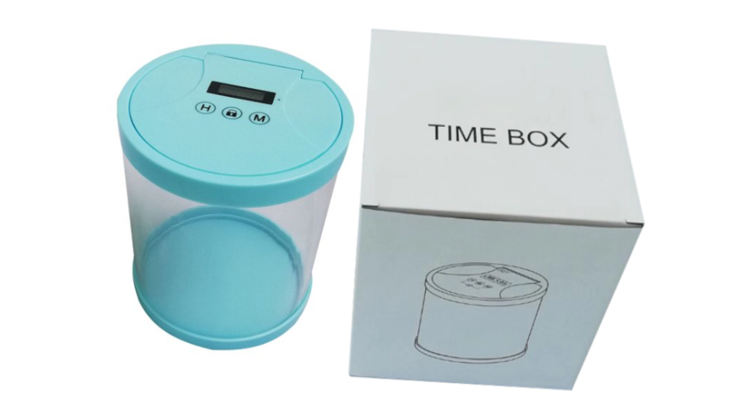 Blue electronic time-lock box with its packaging