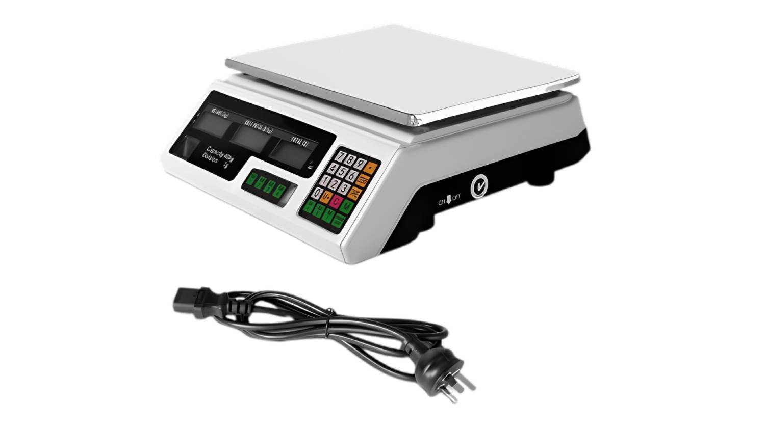 A digital weighing scale with a keypad, a display screen, and a detachable power cord placed beside it