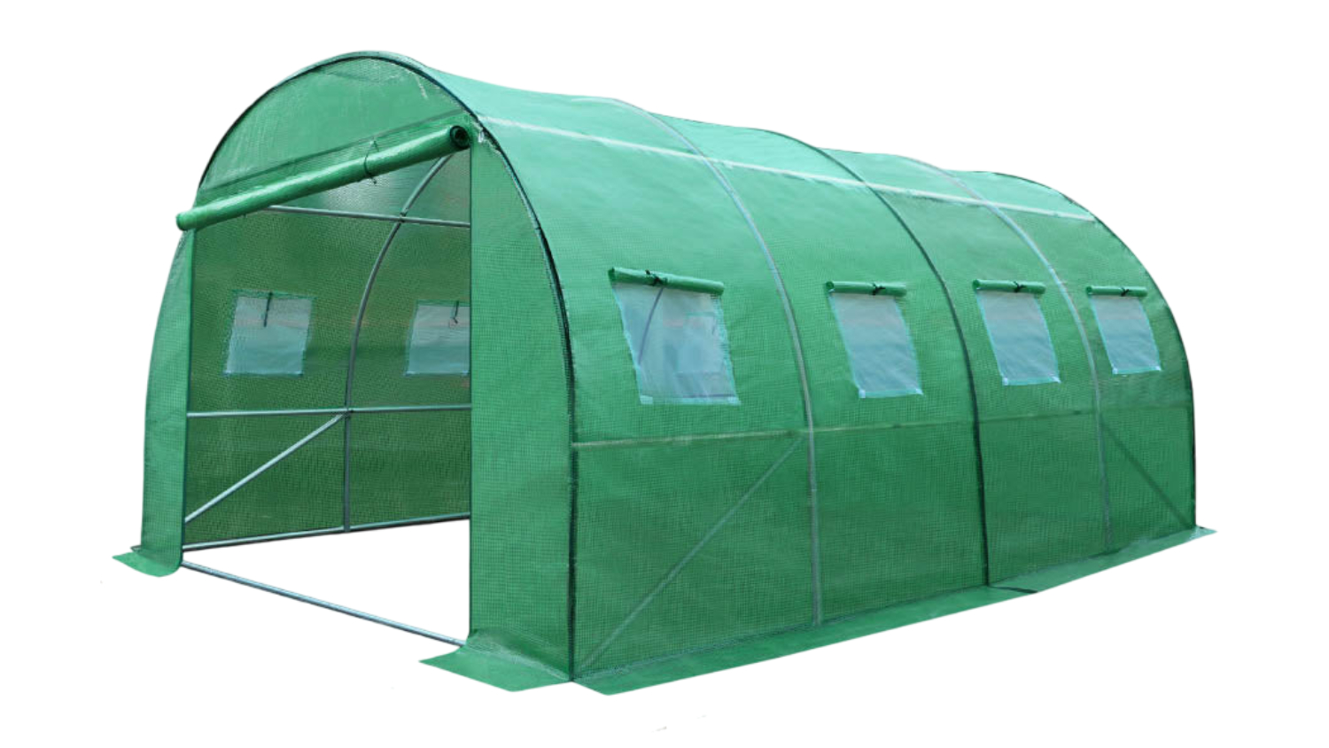 Green mesh greenhouse with arched roof and side windows in a garden setting