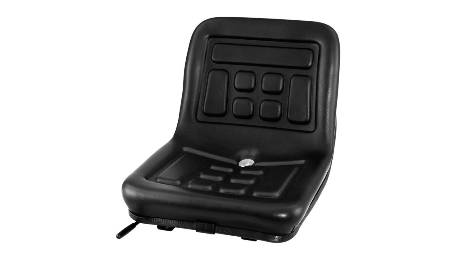 Black cushioned seat with raised rectangular and square patterns on backrest and seat 