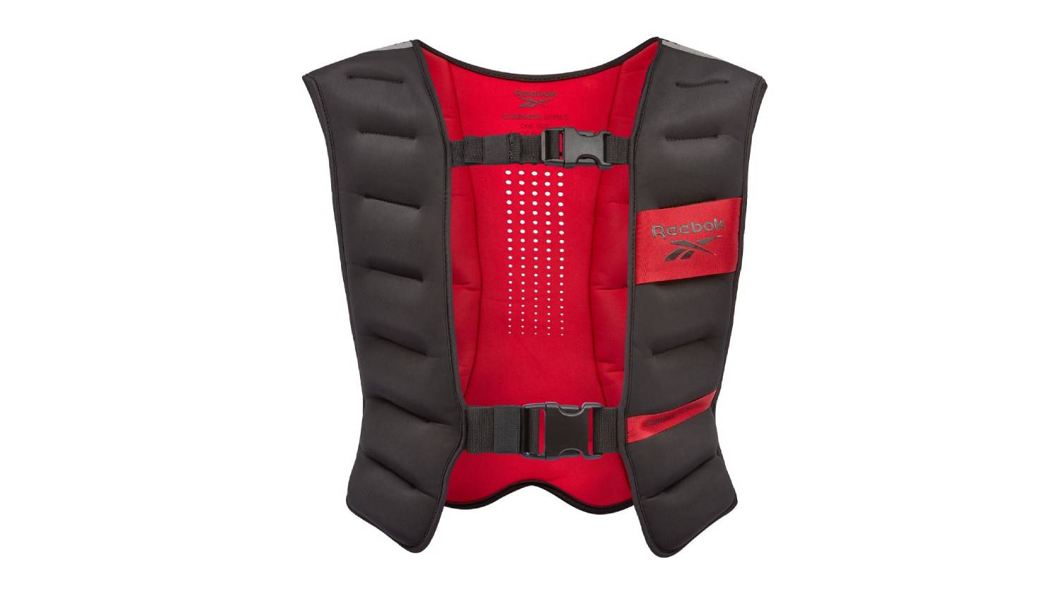 A weighted vest with black padded shoulders, red interior, adjustable straps, and a ventilated perforated back panel