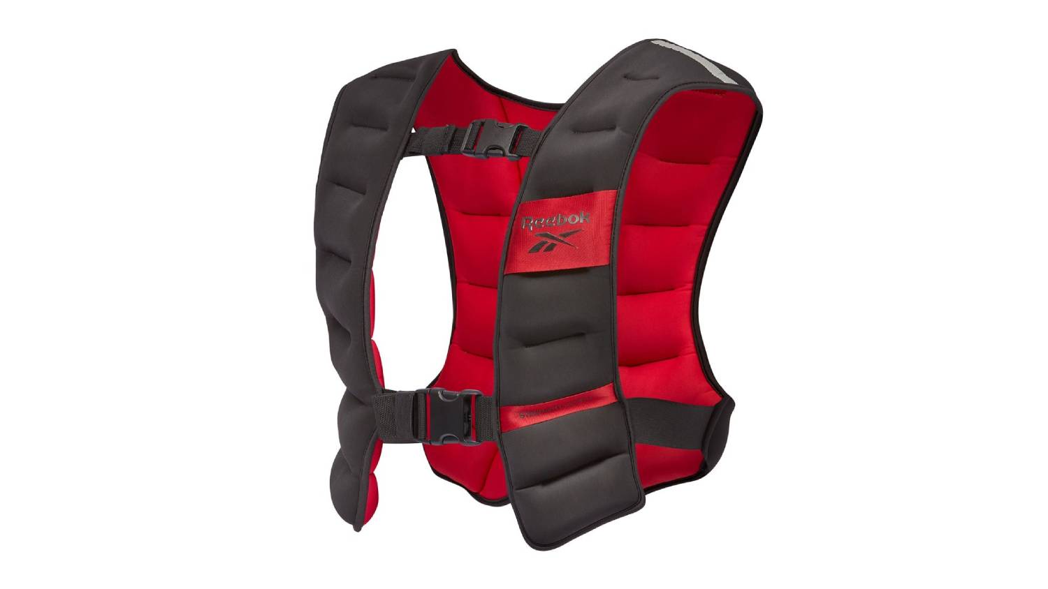 A side view of a red weighted vest