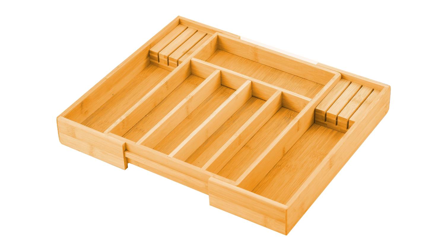 A wooden cutlery tray with 6 vertical slots and 1 horizontal section
