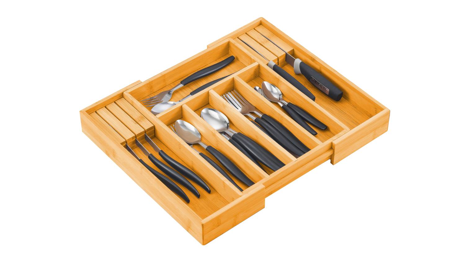 A bamboo cutlery tray with compartments neatly organising black-handled knives, forks, and spoons