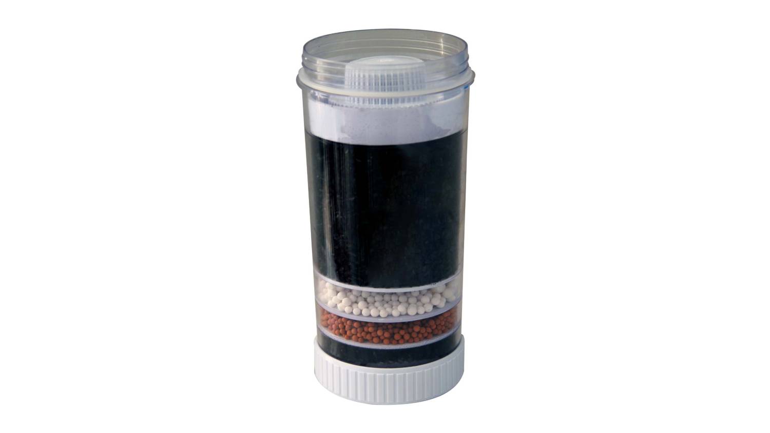 Transparent water filter cartridge with ceramic, activated carbon, and mineral ball layers