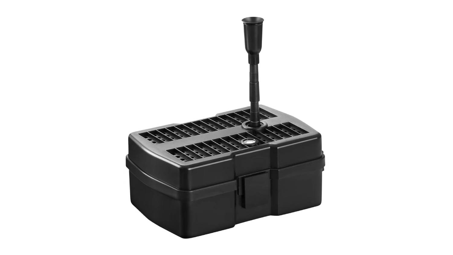 Black solar fountain pump with vertical nozzle and perforated surface for water filtration