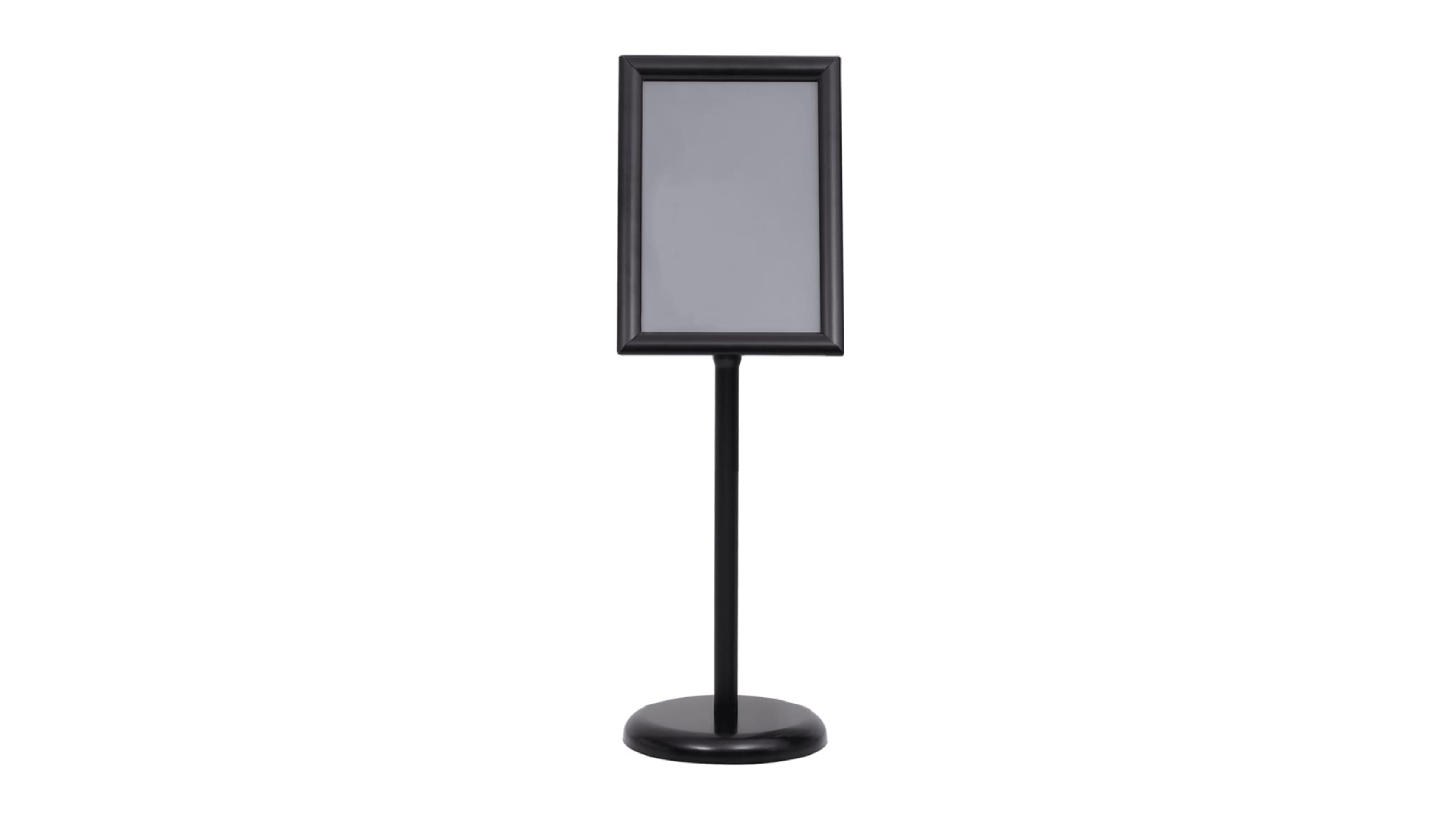 Freestanding silver sign holder with a blank grey A3 display frame on a pedestal base