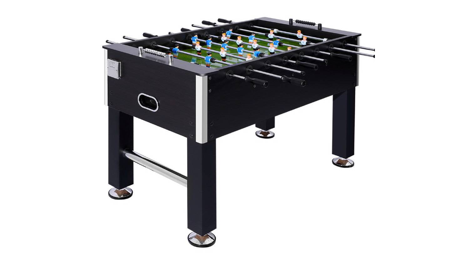 A black foosball table with metal rods, player figures, green field, and sturdy legs with round feet