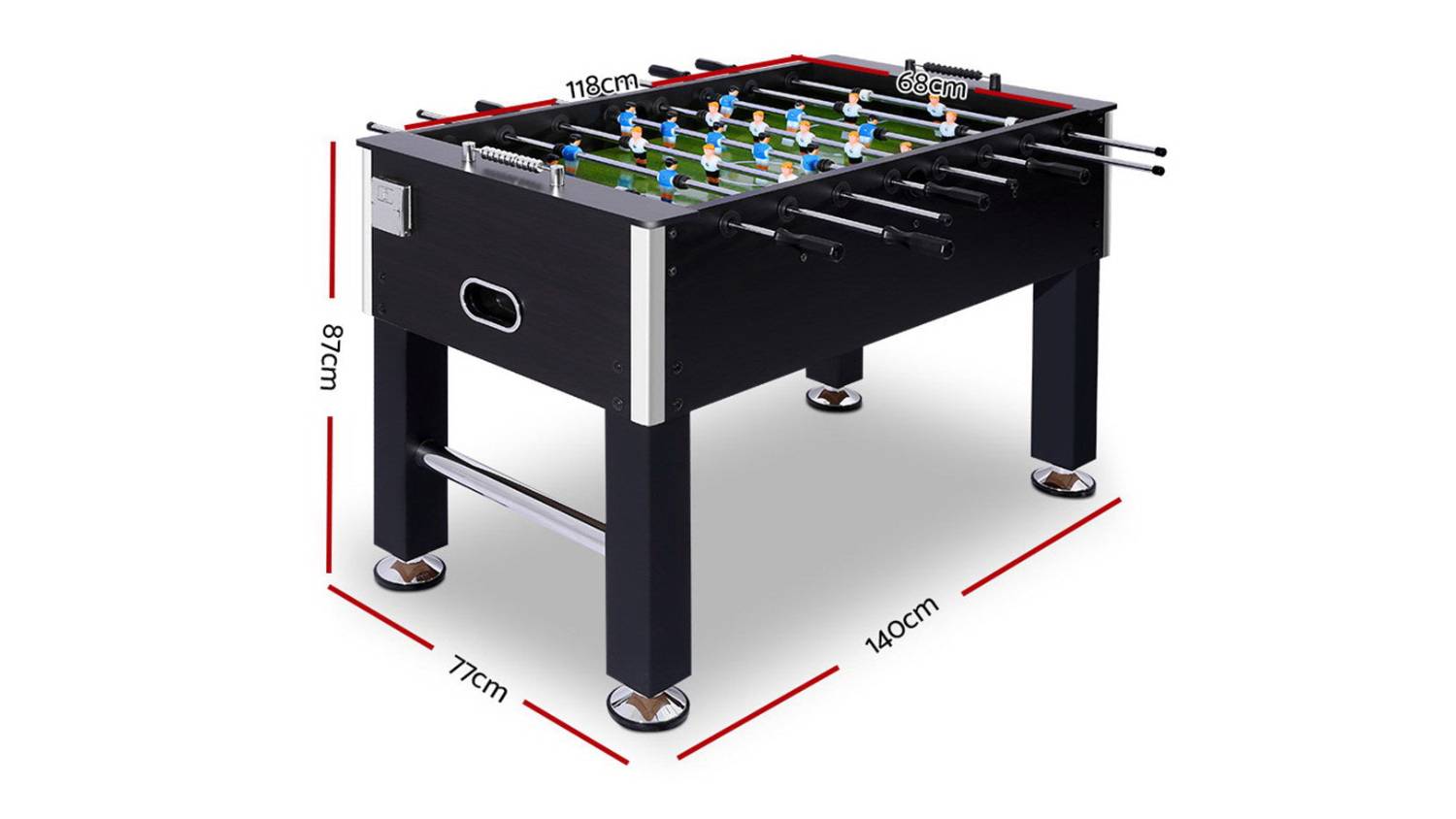 A foosball with its measurements