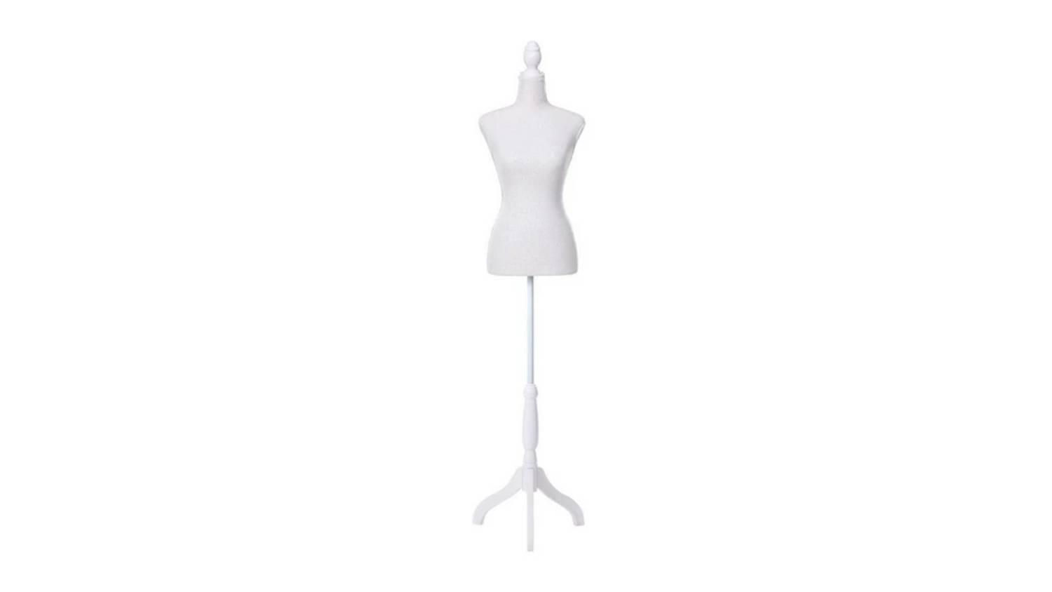 A white dress form mannequin on a stand