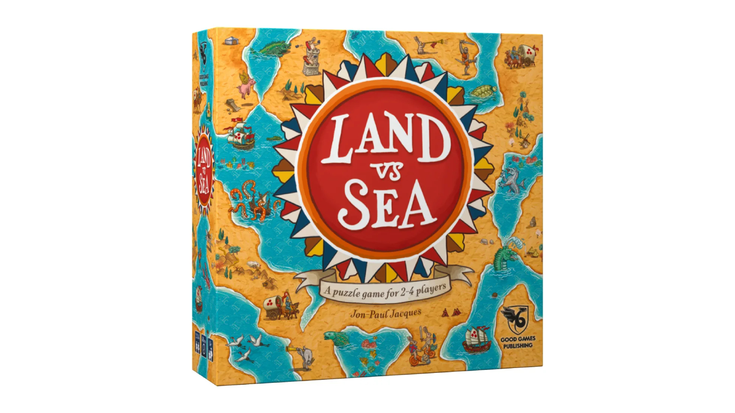 Land vs Sea board game box with colourful map design and text: A puzzle game for 2-4 players by Jon-Paul Jacques