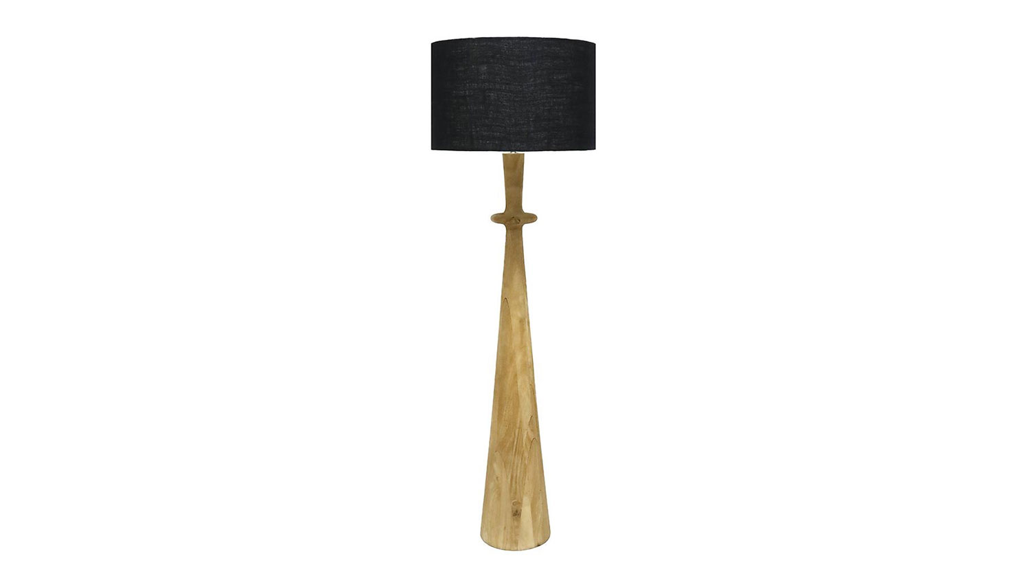 A modern floor lamp with a black lampshade and a slender wooden base