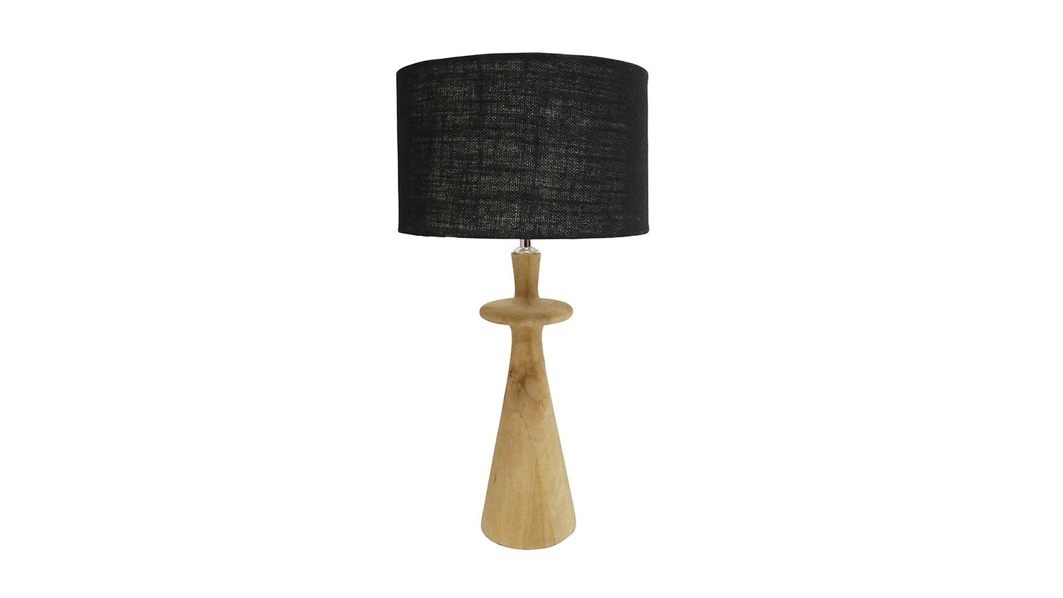 Black cylindrical lampshade on a natural wood lamp base