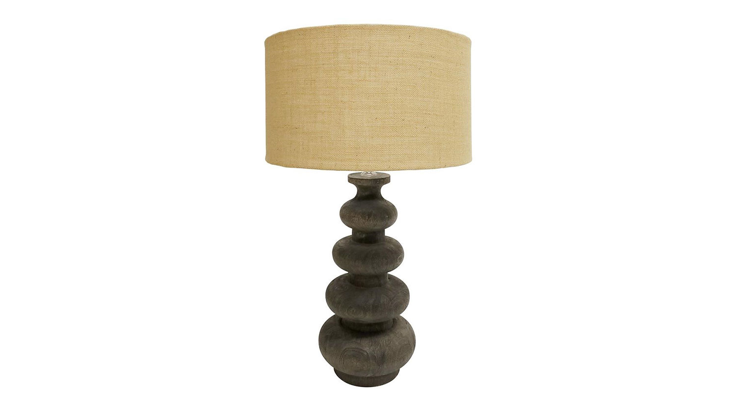 A walnut-finish wooden lamp with a tiered, stacked design