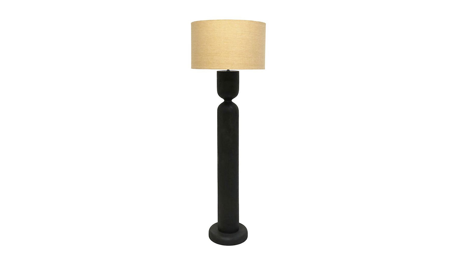 A modern floor lamp with a light lampshade and a slender, black wooden base