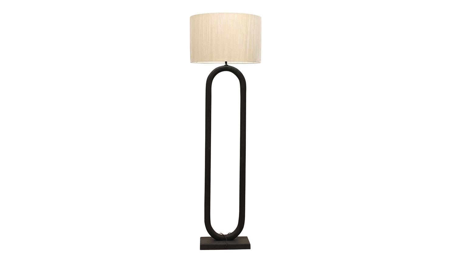A modern floor lamp with a light lampshade and a slender, black wooden base