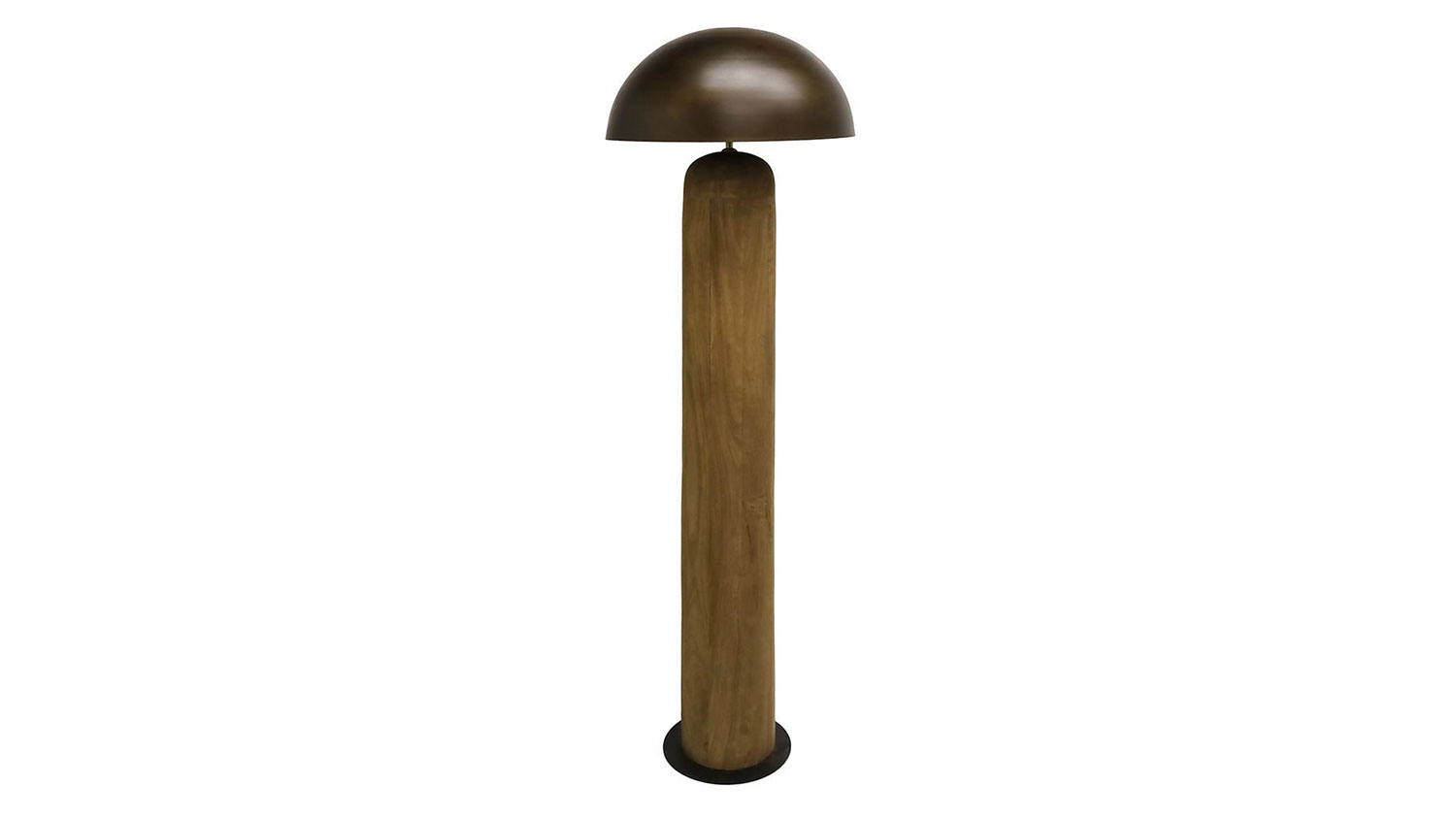 A wooden floor lamp with an iron, mushroom-shaped top