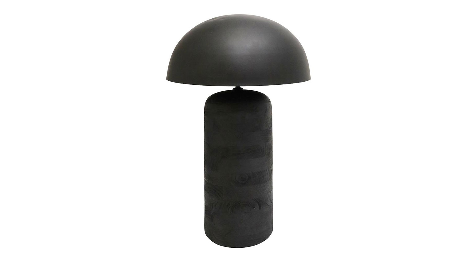 A black, wooden table lamp with an iron, mushroom-shaped top