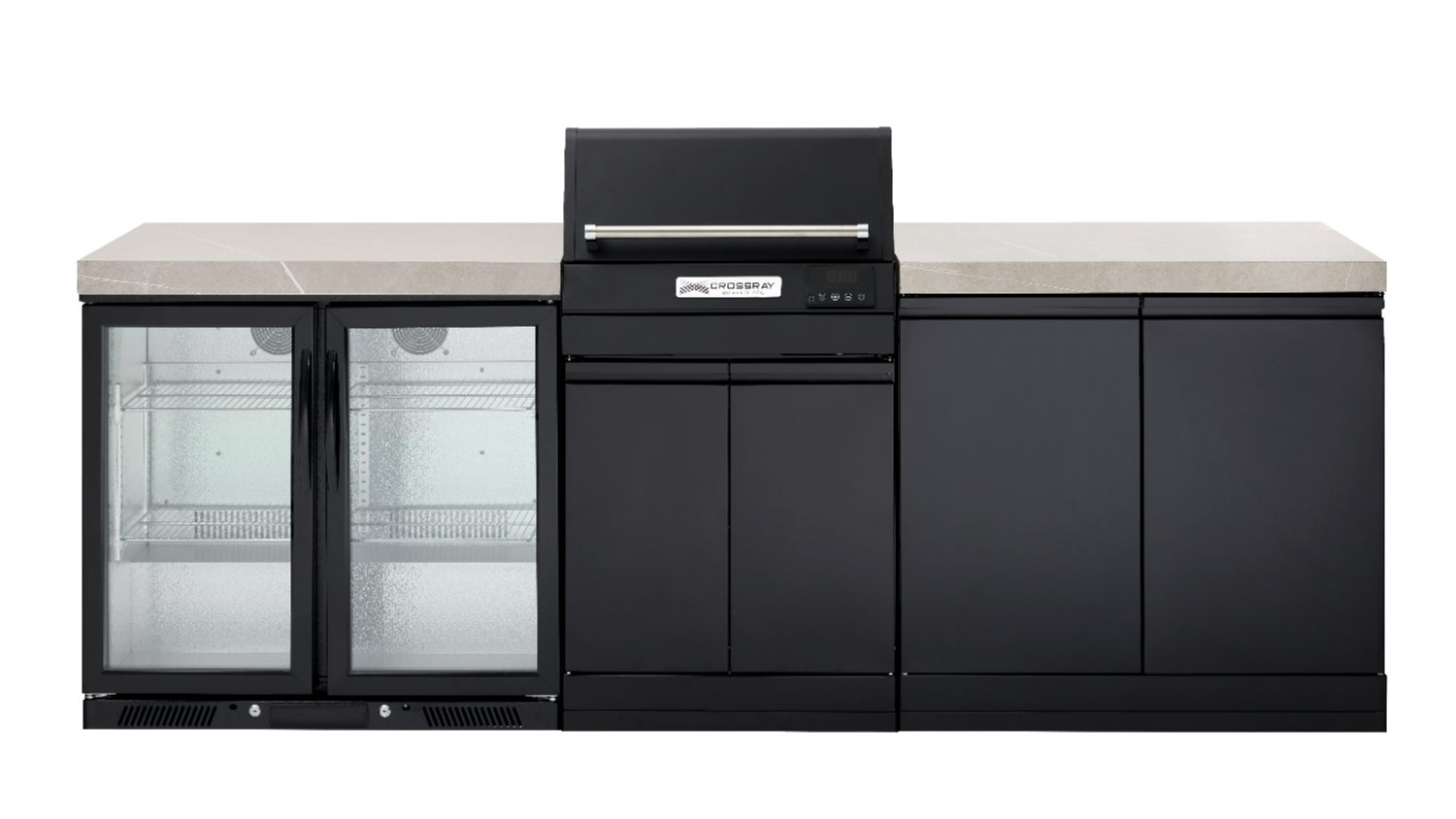 Modern outdoor kitchen, grey benchtop with a built-in stainless steel electric grill and double fridge