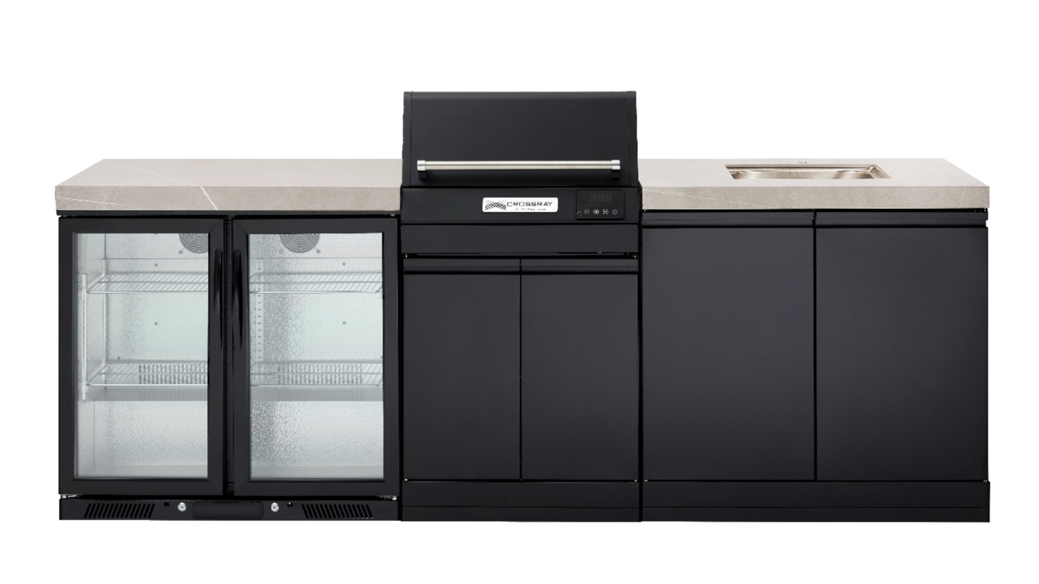 Modern outdoor kitchen, grey benchtop with a built-in stainless steel electric grill, double fridge and sink