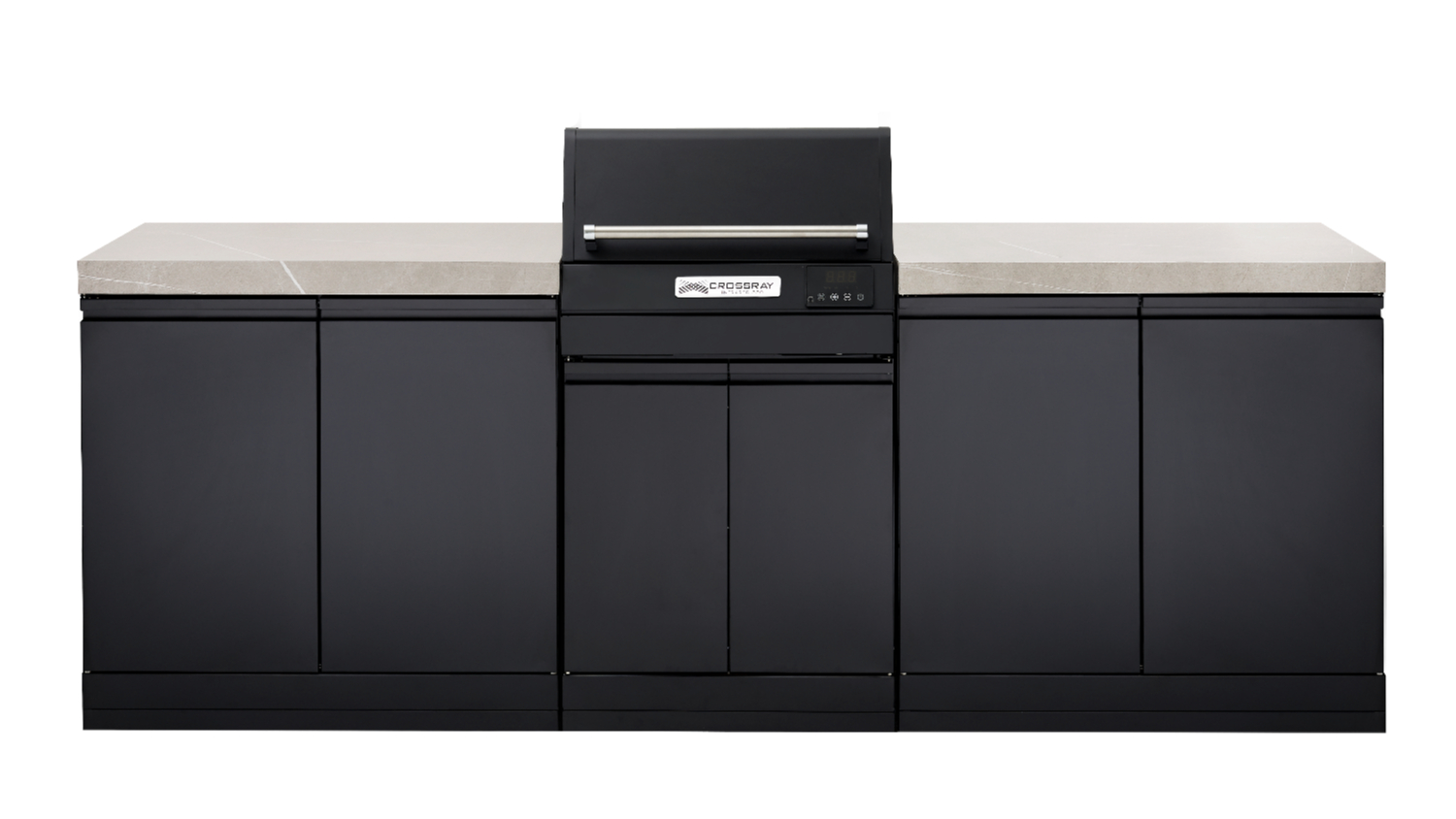 Modern outdoor BBQ kitchen with sleek countertop and cabinet storage