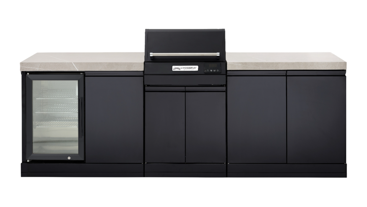 Modern outdoor kitchen, grey benchtop with a built-in stainless steel electric grill and single fridge