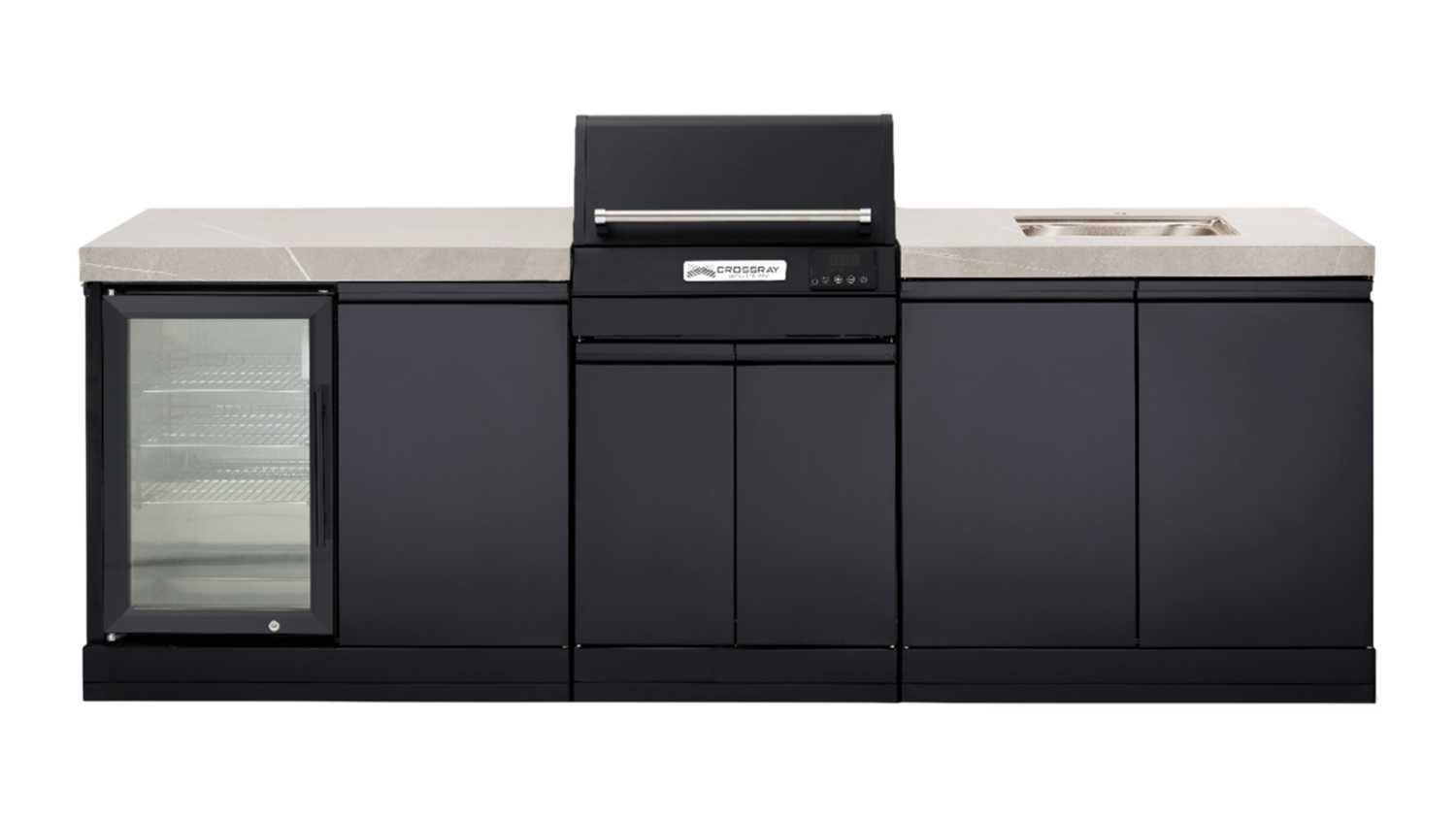 Modern outdoor kitchen, grey benchtop with a built-in stainless steel electric grill, single fridge and sink