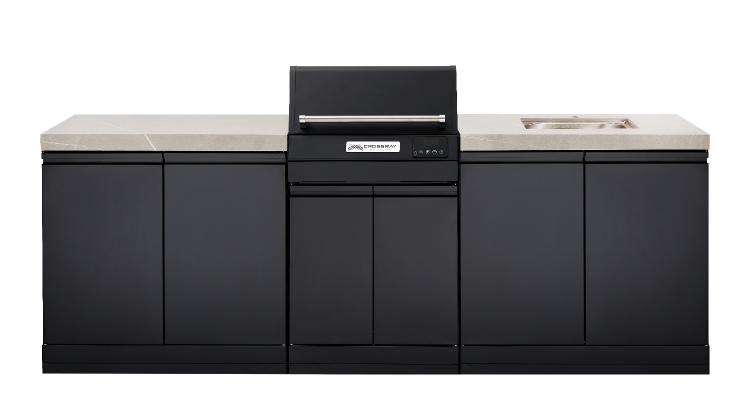 Modern outdoor kitchen, grey benchtop with a built-in stainless steel electric grill and sink