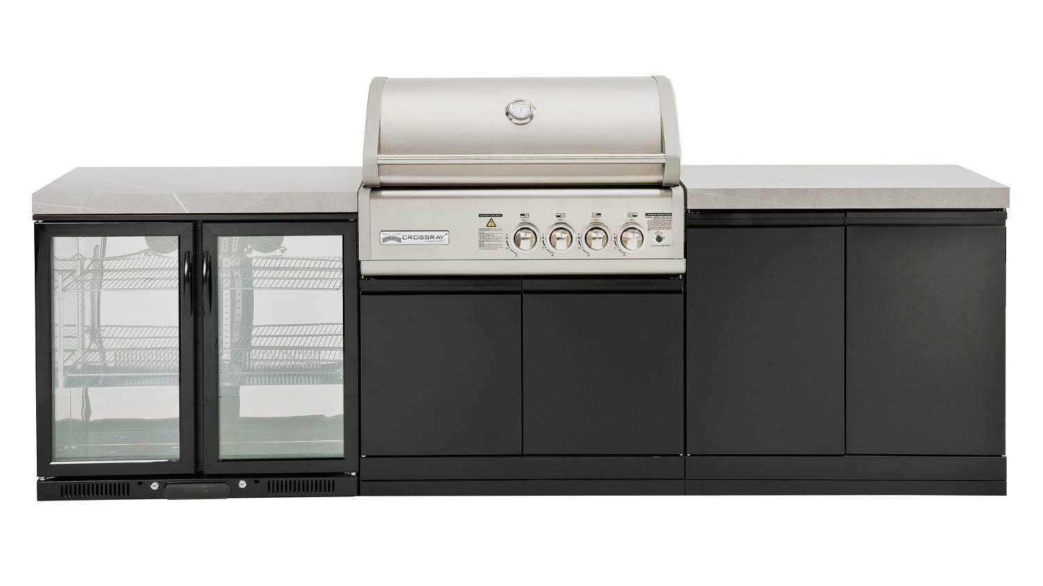 Modern outdoor kitchen, grey benchtop with a built-in stainless steel gas grill, double fridge and ample cabinet storage