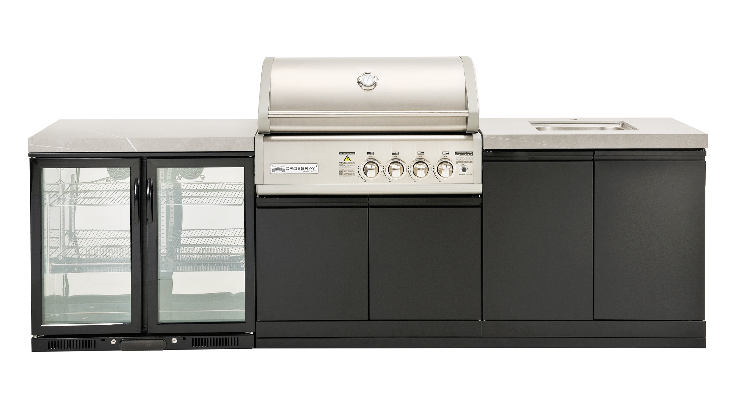 Modern outdoor kitchen, grey benchtop with a built-in stainless steel gas grill, double fridge, sink and ample cabinet storage