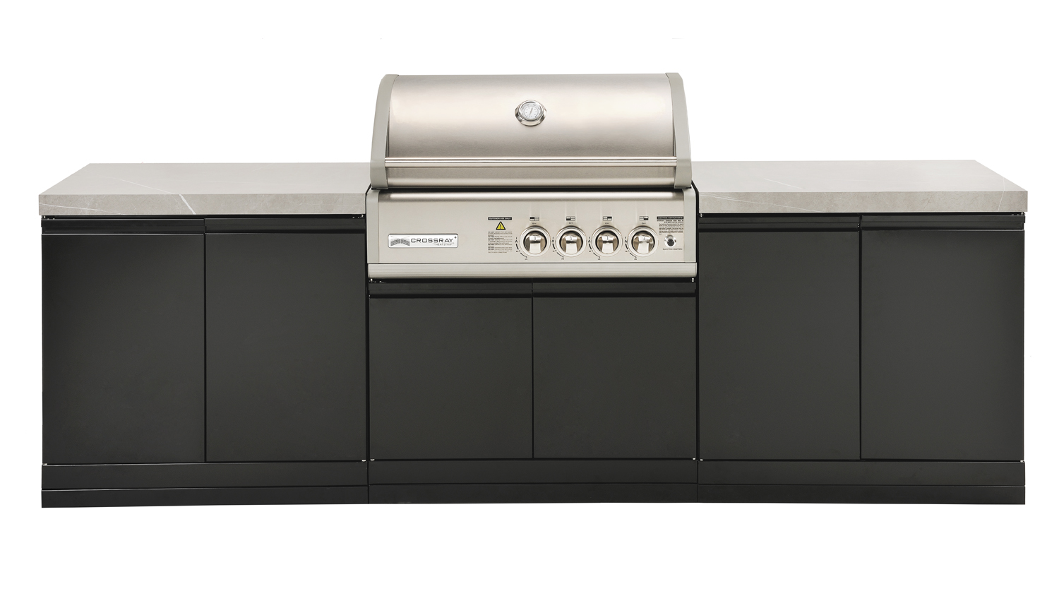 Modern outdoor kitchen with a grey benchtop, a built-in stainless steel gas grill and ample cabinet storage