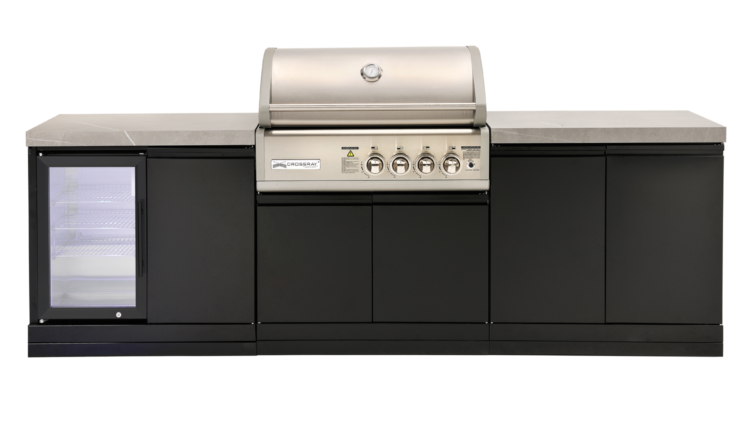 Modern outdoor kitchen, grey benchtop with a built-in stainless steel gas grill, single fridge, and ample cabinet storage