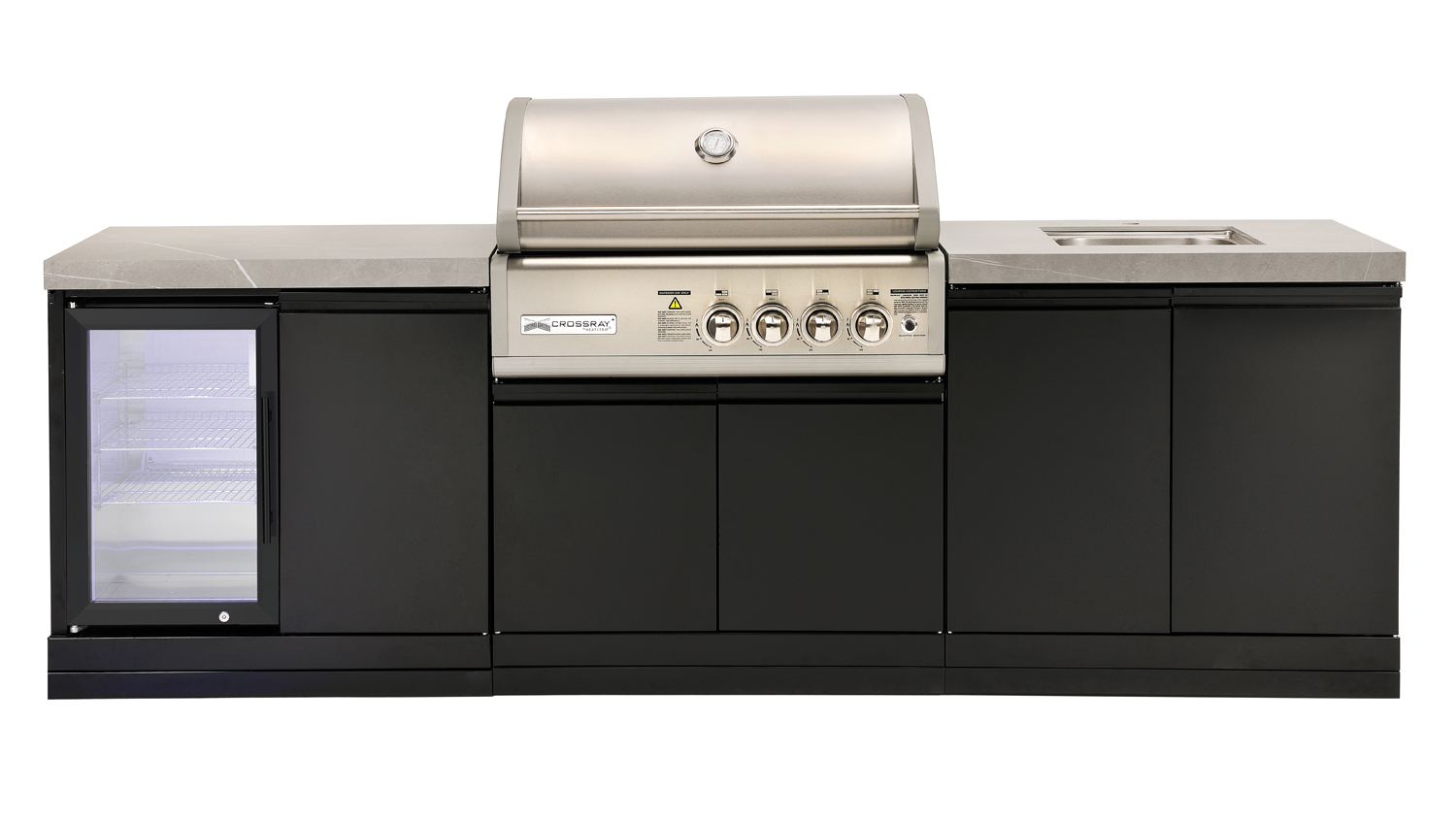 Modern outdoor kitchen, grey benchtop with a built-in stainless steel gas grill, single fridge, sink and ample cabinet storage