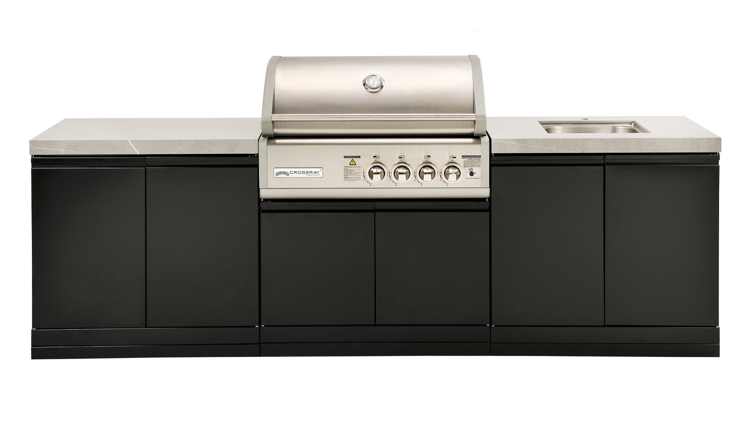 Modern outdoor kitchen with a built-in stainless steel gas grill, sink, and ample cabinet storage