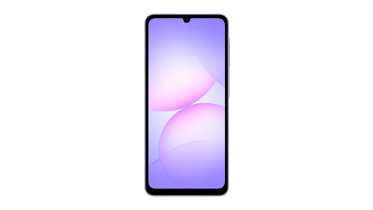 A light violet Samsung Galaxy A07 smartphone shown from the front with a vibrant purple and white screen