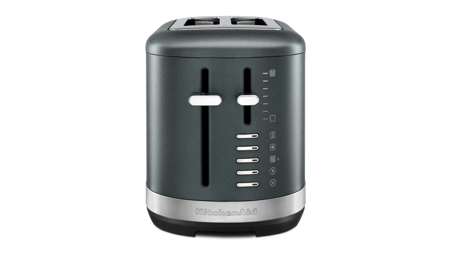 A front view of a 2 slice toaster