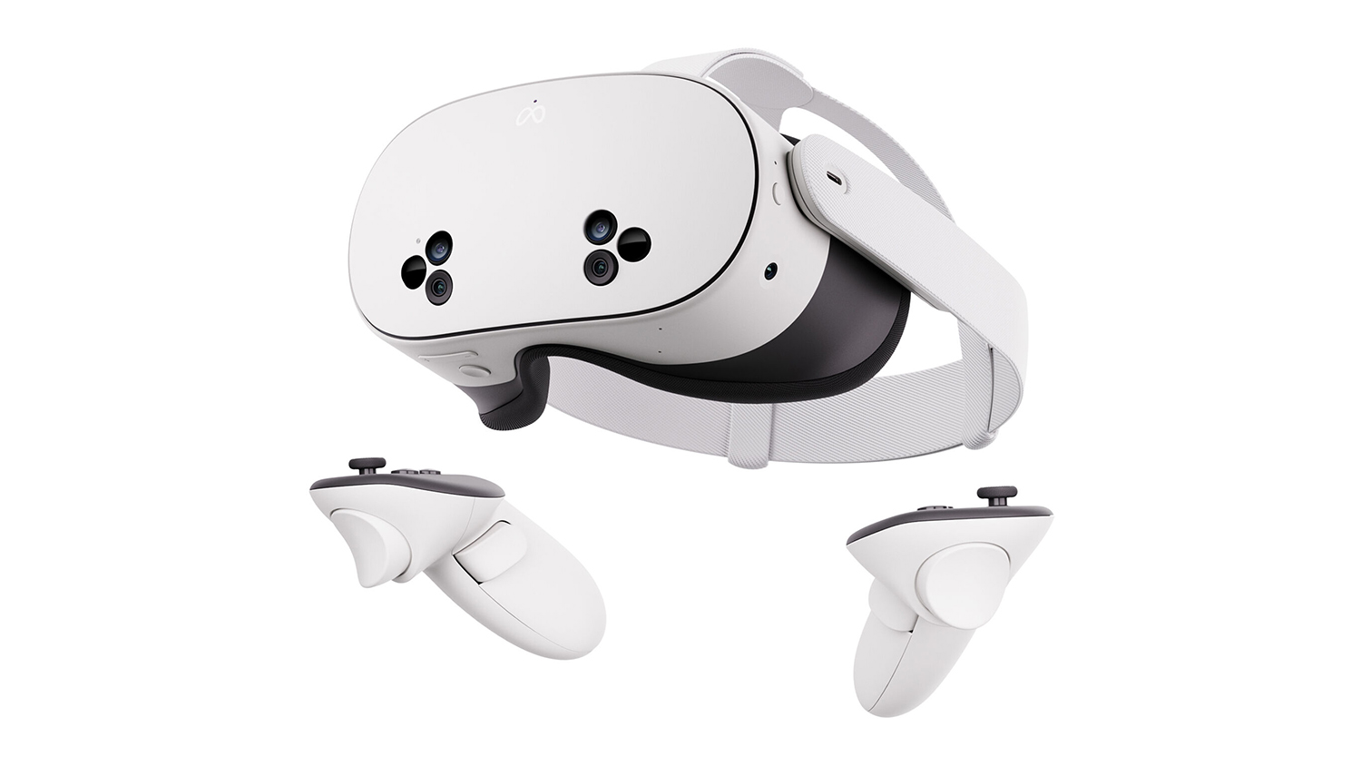A white Meta Quest 3S 256GB mixed reality headset with two matching controllers