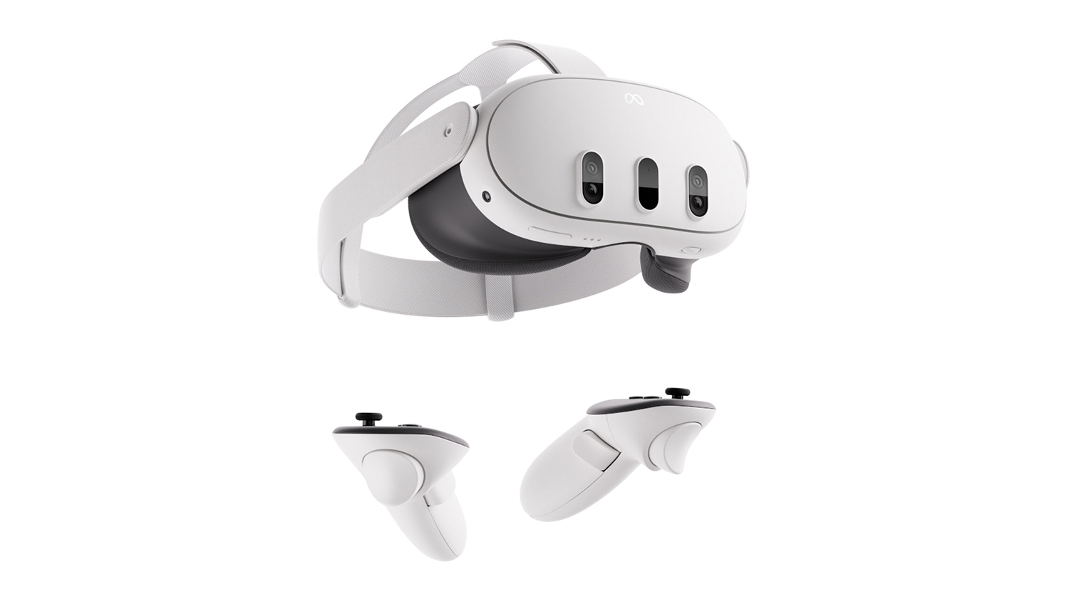 A front side-view of a white Meta Quest 3 512GB mixed reality headset with two controllers