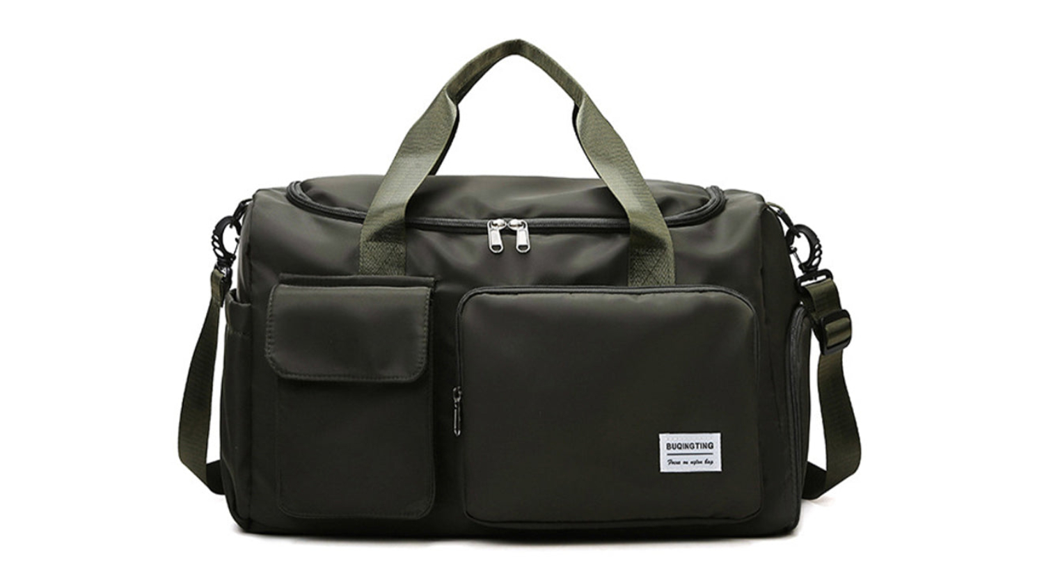 Army green duffle bag with front pockets, dual handles, and shoulder strap