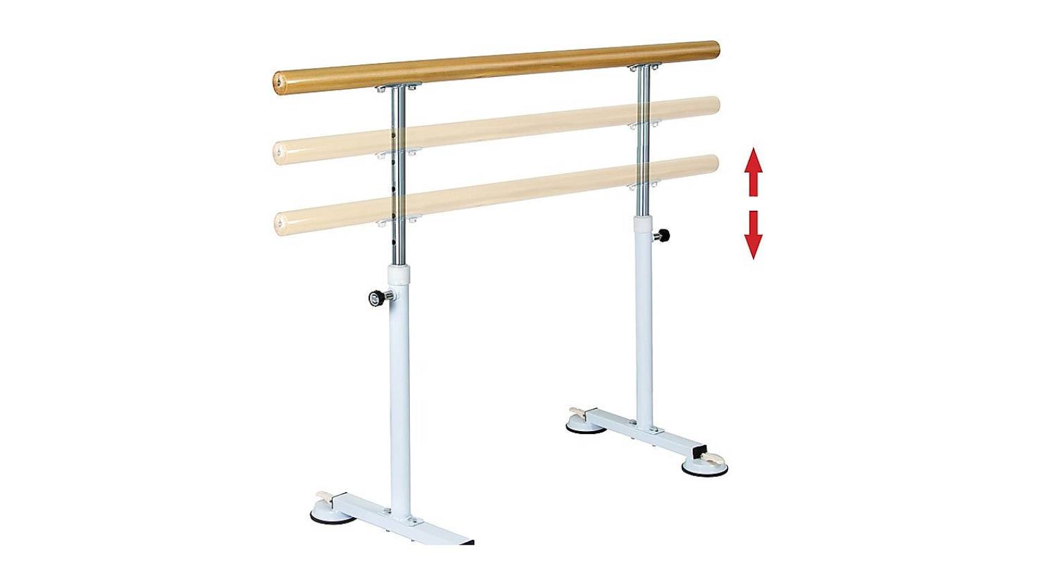 Adjustable ballet barre with three height settings and red arrows showing its movement