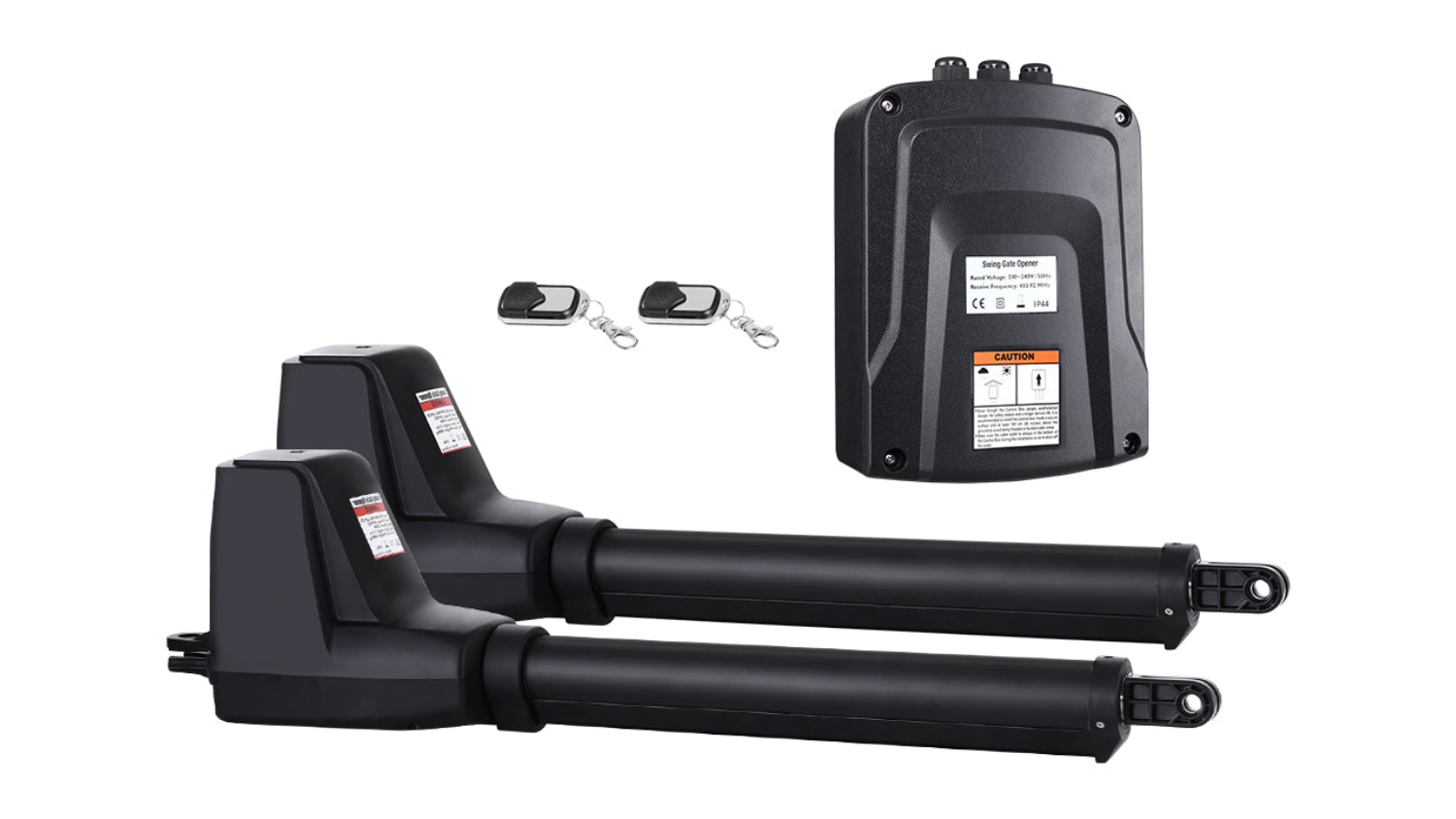 Two black gate openers, a control box with labels, and two remote controls