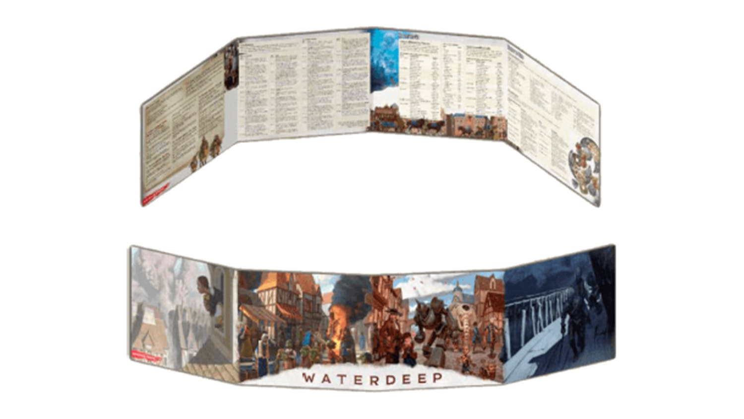A foldout screen with city scenes and reference tables for D&D Dungeon Master's Screen Waterdeep Dragon Heist