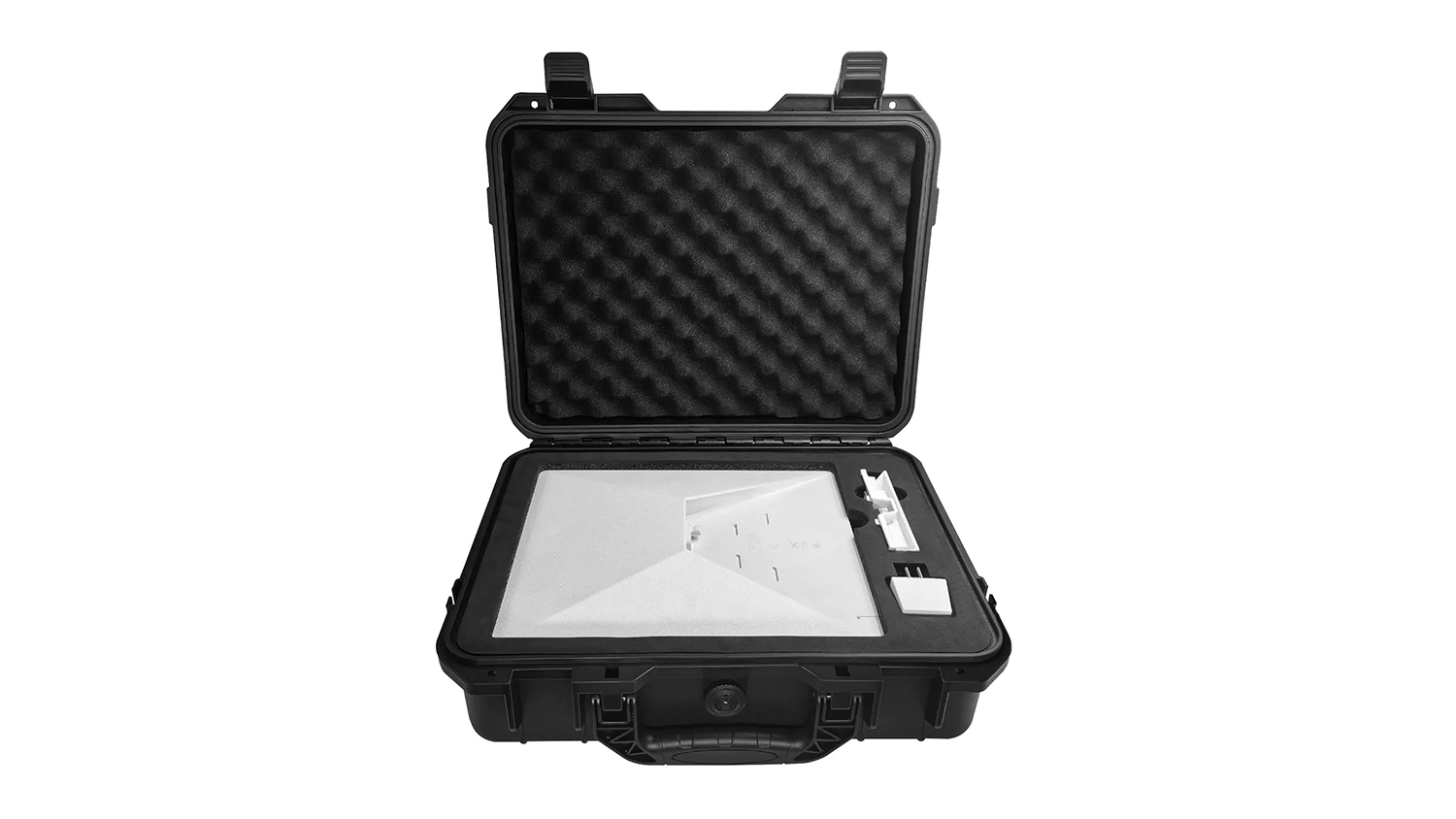 An open case with foam holding a Starlink Mini dish and plug