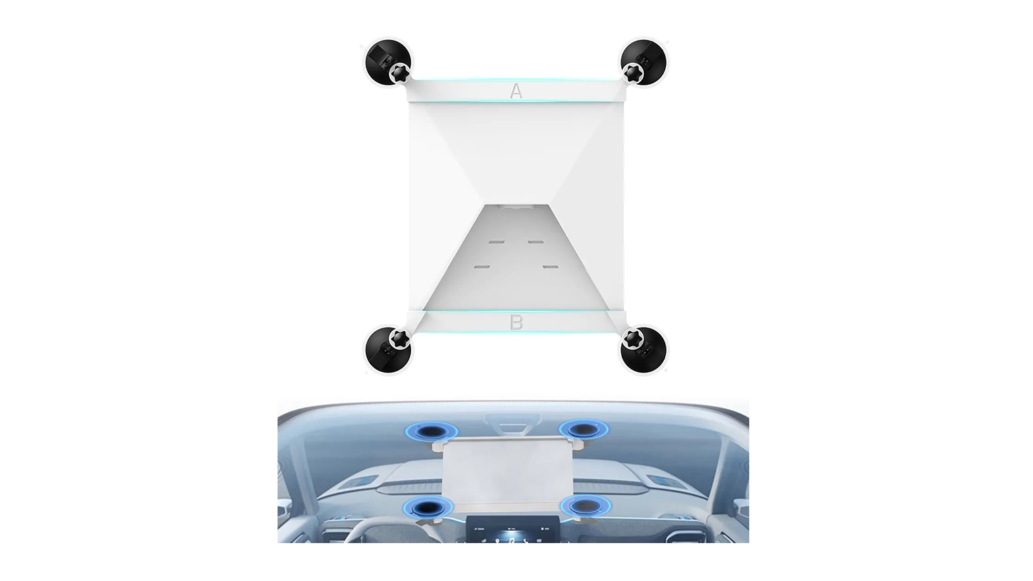 A sunroof suction mount with a Starlink Mini and blue light patterns